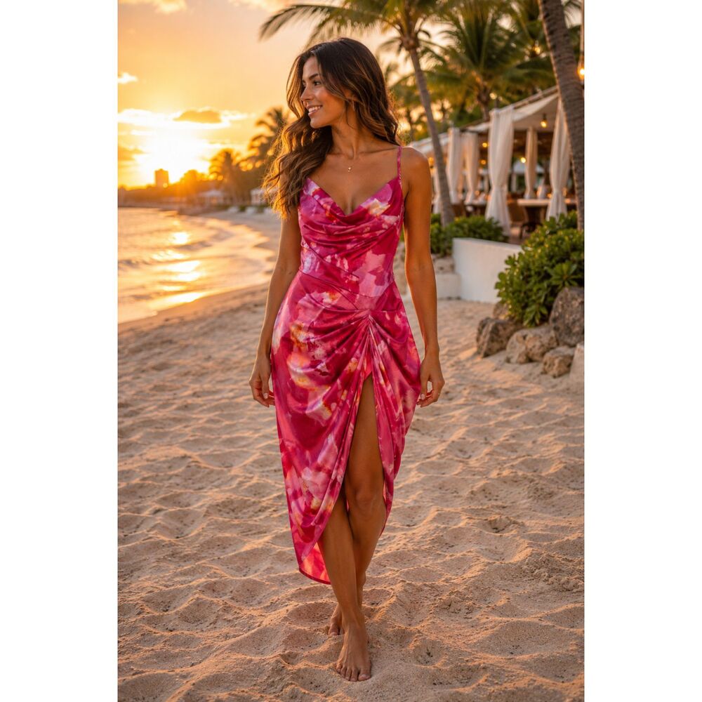 Pink Floral Satin Resort Dress Size L Draped Cowl Neck Beach Vacation Midi Dress